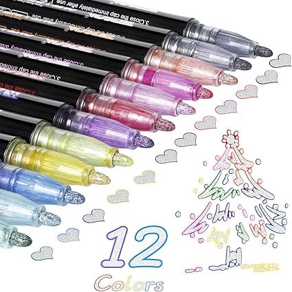 Outline Markers Pens Shimmer Markers 12 Colors Shimmer Marker Set for Doodling Super Squiggles Outline Marker for Children Ages 8 12 Double Line Pen for Drawing Card Making Journal Pens